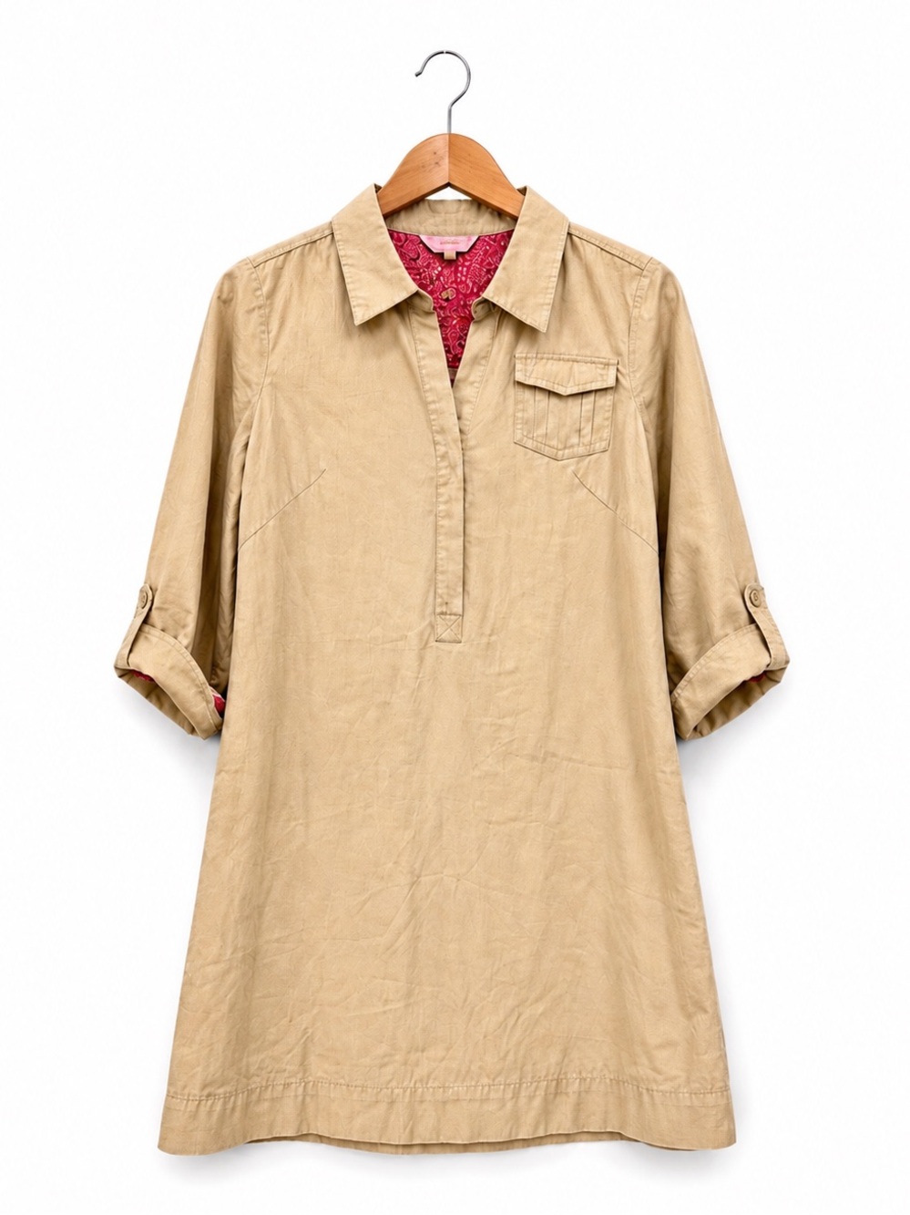 Lilly Pulitzer Khaki Shirt Dress Size 2 Pink Floral Trim Roll Tab Sleeves